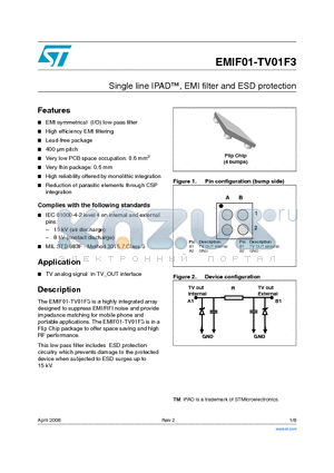 EMIF01-TV01F3 datasheet - Single line IPAD, EMI filter and ESD protection