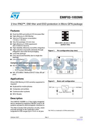 EMIF02-1003M6 datasheet - 2 line IPAD, EMI filter and ESD protection in Micro QFN package