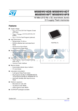 M58BW016DB70T3FF datasheet - 16 Mbit (512 Kb x 32, boot block, burst) 3 V supply Flash memories