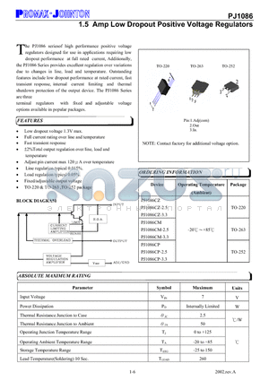PJ1086CZ-2.5 datasheet - 1.5 Amp Low Dropout Positive Voltage Regulators
