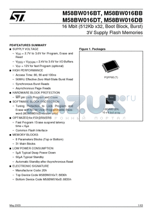 M58BW016DT datasheet - 16 Mbit 512Kb x32, Boot Block, Burst 3V Supply Flash Memories