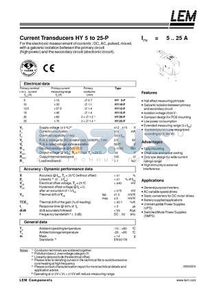 HY5-P datasheet - Current Transducers HY 5 to 25-P