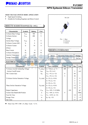 PJ13007 datasheet - NPN Epitaxial Silicon Transistor