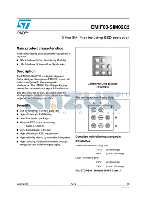 EMIF03-SIM02C2 datasheet - 3 line EMI filter including ESD protection