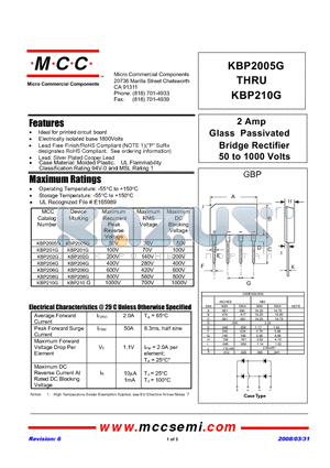 KBP201G-BP datasheet - 2 Amp Glass Passivated Bridge Rectifier 50 to 1000 Volts