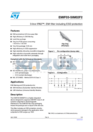 EMIF03-SIM02F2_08 datasheet - 3-line IPAD, EMI filter including ESD protection