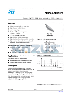 EMIF03-SIM01F2 datasheet - 3-line IPAD, EMI filter including ESD protection