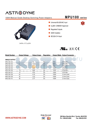 MPU100-103 datasheet - 100W Medical Grade Desktop Switching Power Adapters