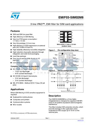 EMIF03-SIM02M8 datasheet - 3 line IPAD, EMI filter for SIM card applications