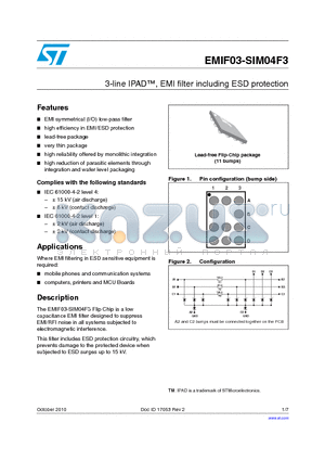 EMIF03-SIM04F3 datasheet - 3-line IPAD, EMI filter including ESD protection