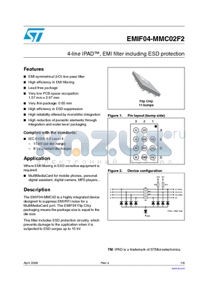 EMIF04-MMC02F2 datasheet - 4-line IPAD, EMI filter including ESD protection