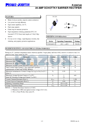 PJ20C40 datasheet - 20 AMP SCHOTTKY BARRIER RECTIFIER