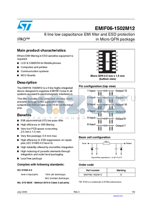 EMIF06-1502M12 datasheet - 6 line low capacitance EMI filter and ESD protection in Micro QFN package