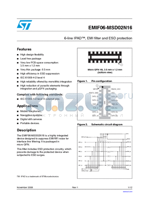 EMIF06-MSD02N16 datasheet - 6-line IPAD, EMI filter and ESD protection