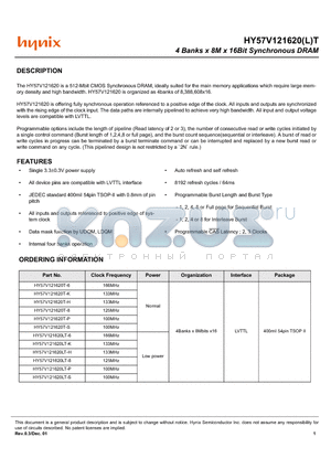 HY57V121620T-K datasheet - 4 Banks x 8M x 16Bit Synchronous DRAM