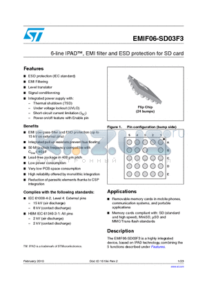 EMIF06-SD03F3 datasheet - 6-line IPAD, EMI filter and ESD protection for SD card