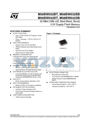 M58BW032BB45ZA3T datasheet - 32 Mbit (1Mb x32, Boot Block, Burst) 3.3V Supply Flash Memory