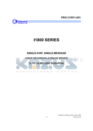 ISD1800 datasheet - SINGLE-CHIP, SINGLE-MESSAGE VOICE RECORD/PLAYBACK DEVICE 6- TO 16-SECOND DURATION
