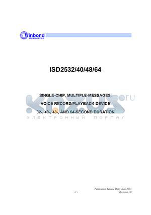 ISD2532 datasheet - SINGLE-CHIP, MULTIPLE-MESSAGES, VOICE RECORD/PLAYBACK DEVICE 32-, 40-, 48-, AND 64-SECOND DURATION