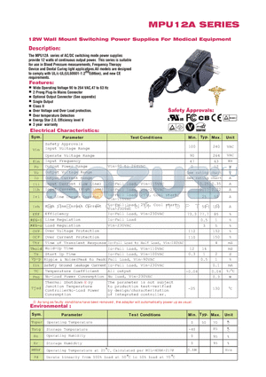 MPU12A-107 datasheet - 12W Wall Mount Switching Power Supplies For Medical Equipment.