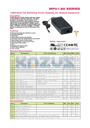 MPU130-108 datasheet - 130W Desk Top Switching Power Supplies For Medical Equipment