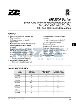 ISD2560EI datasheet - Single-Chip Voice Record/Playback Devices 32-, 40-, 48-, 64-,60-,75,90-, and 120-Second Durations
