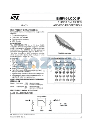 EMIF10-LCD01F2 datasheet - 10 LINES EMI FILTER AND ESD PROTECTION