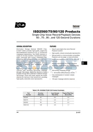 ISD2560GI datasheet - Single-Chip Voice Record/Playback Devices 60-, 75-, 90-, and 120-Second Durations