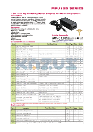 MPU15B-110 datasheet - 15W Desk Top Switching Power Supplies For Medical Equipment.