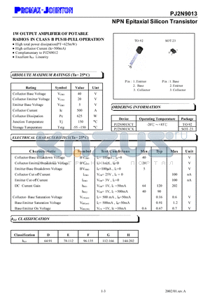 PJ2N9013 datasheet - NPN Epitaxial Silicon Transistor