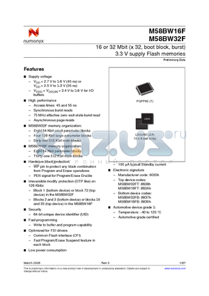 M58BW16FB5T3T datasheet - 16 or 32 Mbit (x 32, boot block, burst) 3.3 V supply Flash memories
