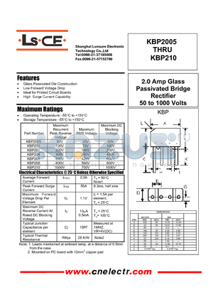 KBP206 datasheet - 2.0Amp glass passivated bridge rectifier 50to1000 volts