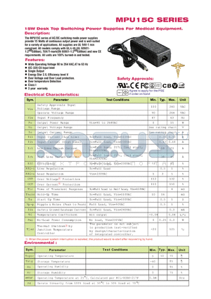MPU15C-106 datasheet - 15W Desk Top Switching Power Supplies For Medical Equipment.