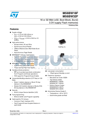 M58BW16FB4ZA3T datasheet - 16 or 32 Mbit (x32, Boot Block, Burst) 3.3V supply Flash memories