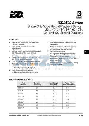 ISD2575 datasheet - Single-Chip Voice Record/Playback Devices 32-, 40-, 48-, 64-,60-,75,90-, and 120-Second Durations