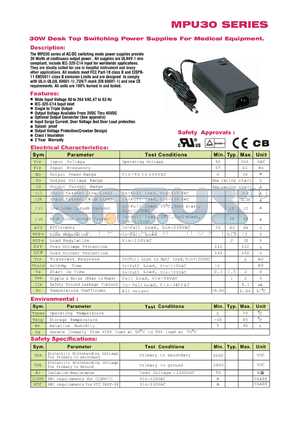 MPU30-102 datasheet - 30W Desk Top Switching Power Supplies For Medical Equipment