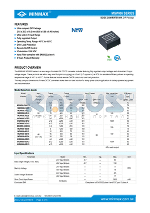 MGWI06-48D05 datasheet - DC/DC CONVERTER 6W, Ultra compact DIP Package