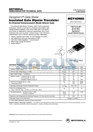 MGY40N60 datasheet - Insulated Gate Bipolar Transistor