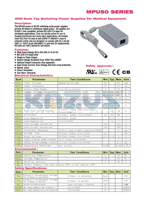 MPU50-101 datasheet - 50W Desk Top Switching Power Supplies For Medical Equipment.