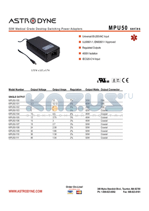 MPU50-109 datasheet - 50W Medical Grade Desktop Switching Power Adapters