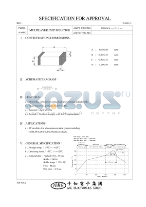 MH10051N2D2 datasheet - MULTILAYER CHIP INDUCTOR
