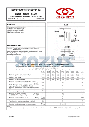 KBP210G datasheet - SINGLE PHASE GLASS PASSIVATED BRIDGE RECTIFIER Voltage: 50 to 1000V Current:2.0A