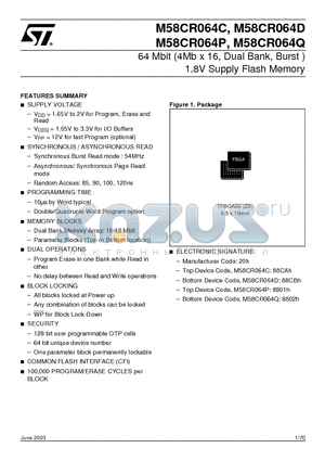 M58CR064P10ZB6T datasheet - 64 Mbit 4Mb x 16, Dual Bank, Burst  1.8V Supply Flash Memory