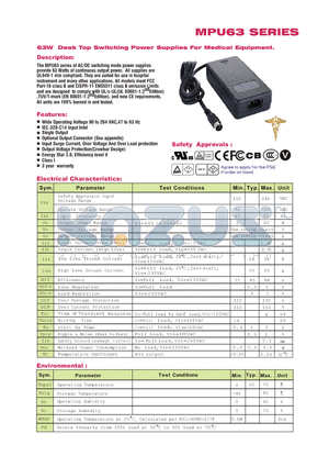 MPU63 datasheet - 63W Desk Top Swithching Power Supplies For Medical Equipment.