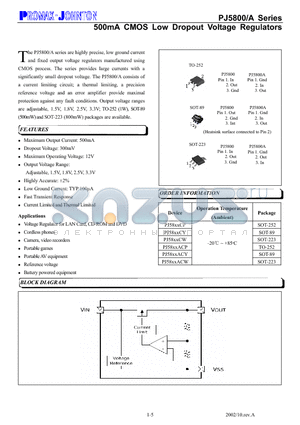 PJ5800CP datasheet - 500mA CMOS Low Dropout Voltage Regulators