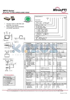 MPV3 datasheet - 9x14 mm, 3.3 Volt, LVPECL/LVDS, VCXO