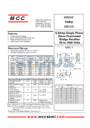 MB05S datasheet - 0.5Amp Single Phase Glass Passivated Bridge Rectifier 50 to 1000 Volts