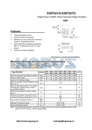 KBP303G datasheet - Single Phase 3.0AMP. Glass Passivatec Bridge Rectifiers