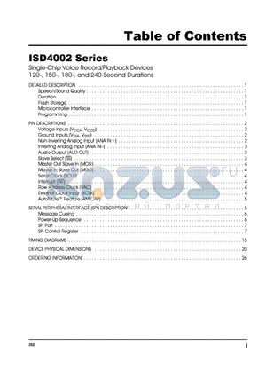 ISD4002-120ED datasheet - Single-Chip Voice Record/Playback Devices 120-, 150-, 180-, and 240-Second Durations