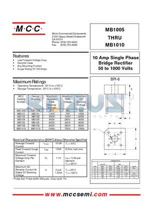 MB1005 datasheet - 10 Amp Single Phase Bridge Rectifier 50 to 1000 Volts